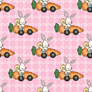 Large Scale Racing Bunny Rabbits Chicks in Carrot Cars on Pink Checker and Polkadots