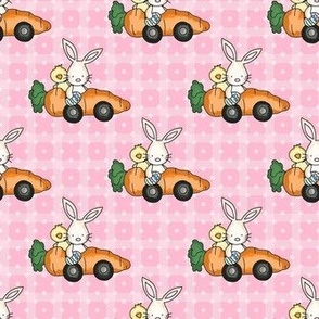 Medium Scale Racing Bunny Rabbits Chicks in Carrot Cars on Pink Checker and Polkadots