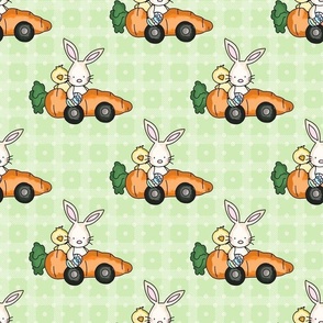 Large Scale Racing Bunny Rabbits Chicks in Carrot Cars on Spring Green Checker and Polkadots