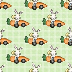 Medium Scale Racing Bunny Rabbits Chicks in Carrot Cars on Spring Green Checker and Polkadots