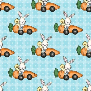 Large Scale Racing Bunny Rabbits Chicks in Carrot Cars on Aqua Blue Checker and Polkadots