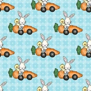 Medium Scale Racing Bunny Rabbits Chicks in Carrot Cars on Aqua Blue Checker and Polkadots