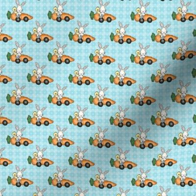 Small Scale Racing Bunny Rabbits Chicks in Carrot Cars on Aqua Blue Checker and Polkadots