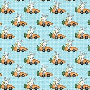 Small Scale Racing Bunny Rabbits Chicks in Carrot Cars on Aqua Blue Checker and Polkadots