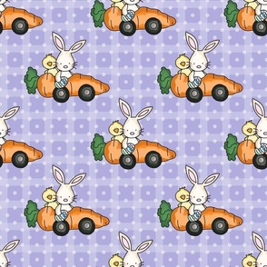 Large Scale Racing Bunny Rabbits Chicks in Carrot Cars on Lavender Purple Checker and Polkadots