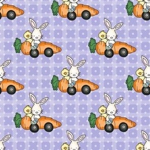 Medium Scale Racing Bunny Rabbits Chicks in Carrot Cars on Lavender Purple Checker and Polkadots