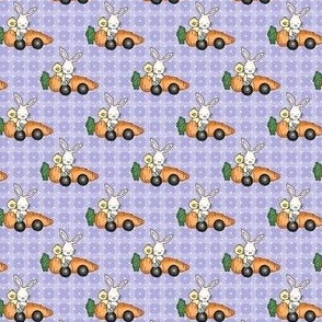 Small Scale Racing Bunny Rabbits Chicks in Carrot Cars on Lavender Purple Checker and Polkadots