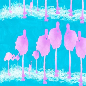 (Medium) Watercolor flamingoes on a tropical blue background
