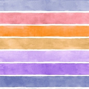 Halloween Party Watercolor Broad Stripes Horizontal - Medium Scale - Purple, Orange, Pink - Pastel Goth