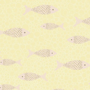 A FISH SUPPER Table Linen in butter yellow and piglet pink