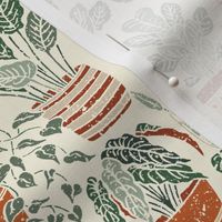 Woodblock Houseplants - Cream/Terracotta/Forest Green - Small Scale