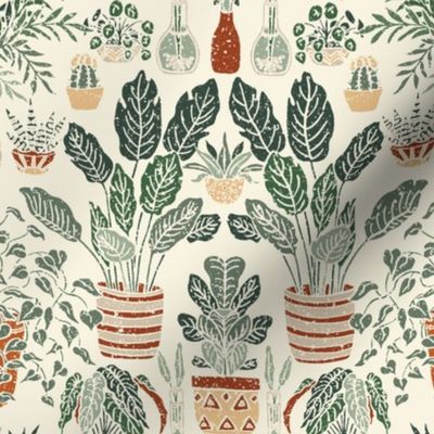 Woodblock Houseplants - Cream/Terracotta/Forest Green - Small Scale