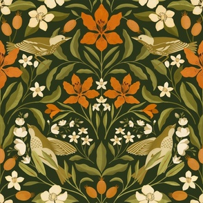 Lilies and Warblers // Traditional Green and Vibrant Orange // Jumbo Scale