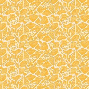 Block Printed Mushrooms in Retro Gold on Off White - Large Scale