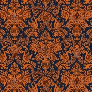 1910 Vintage Rococo Dragon and Vase Damask - Auburn Colors - Orange on Blue