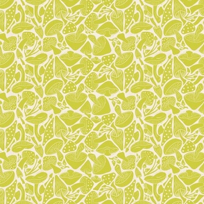 Block Printed Mushrooms in Lime Green on Off White - Large Scale