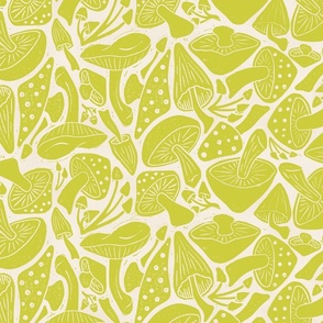 Block Printed Mushrooms in Lime Green on Off White - Extra Large Scale