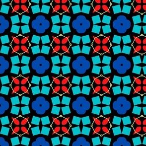 Retro Boho Geometric Abstract Design in Blue, Turquois, Red Cotton, Linen, and Quilting251