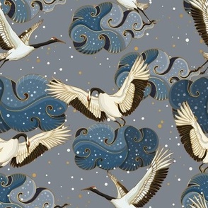 Asian-Style Cranes on Swirling Clouds