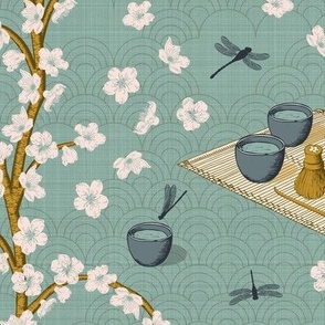 Tea ceremony  [big scale 14-inch fabric, 24-inch wallpaper repeat] Tea room wallpaper & upholstery