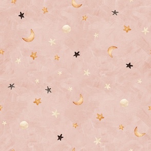 Pink sky at night Ditsy moon and stars on pink 