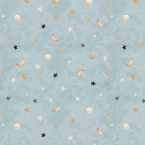 Ditsy stars and moon, texture baby blue, golden yellow, dark grey and cream, for baby Nursery