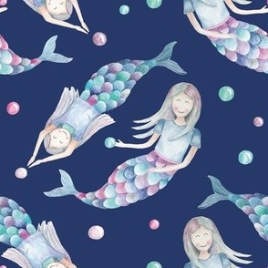 mermaids, bubbles, deepblue, 8in x 8in