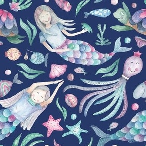 mermaids and friends, deepblue, 8in x 8in