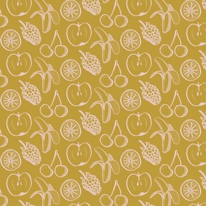 Fruity repeat pattern (small scale) - pink on mustard background 