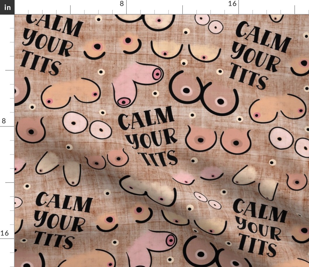 Large Scale Calm Your Tits Funny Sarcastic Adult Humor Boobs on Brown