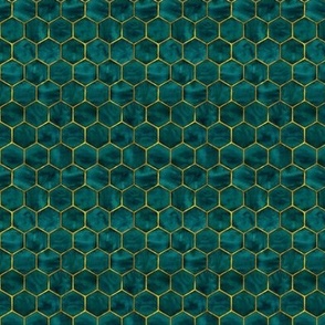 Extra-Tiny Malachite Green Ink Hexagons with Textured Yellow Gold Oultines 