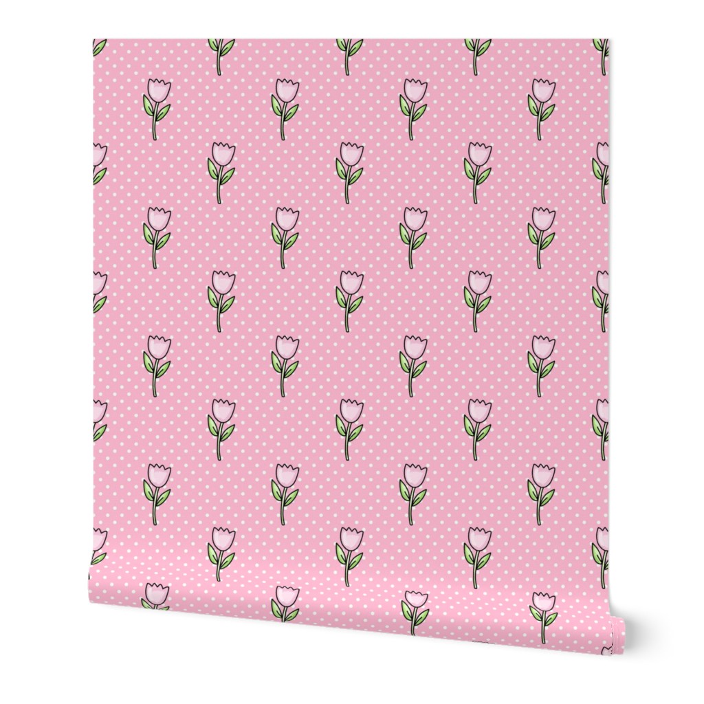 Large Scale Dainty Pink Tulips on Polkadots Baby Easter Bunny Coordinate in Pink
