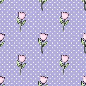 Large Scale Dainty Pink Tulips on Polkadots Baby Easter Bunny Coordinate in Lavender