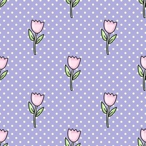 Medium Scale Dainty Pink Tulips on Polkadots Baby Easter Bunny Coordinate in Lavender