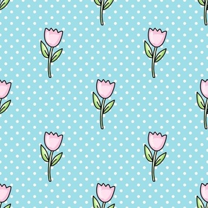 Large Scale Dainty Pink Tulips on Polkadots Baby Easter Bunny Coordinate in Aqua Blue