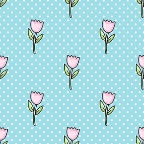 Medium Scale Dainty Pink Tulips on Polkadots Baby Easter Bunny Coordinate in Aqua Blue