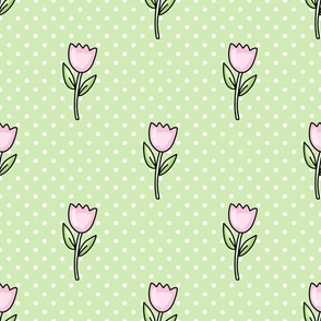 Large Scale Dainty Pink Tulips on Polkadots Baby Easter Bunny Coordinate in Spring Green