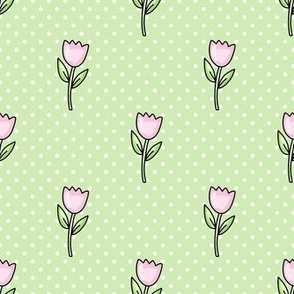 Medium Scale Dainty Pink Tulips on Polkadots Baby Easter Bunny Coordinate in Spring Green