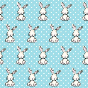 Large Scale Baby Bunnies and Polkadots on Aqua Blue