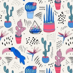 Summer cactus, succulent, bird toucan, doodle dots