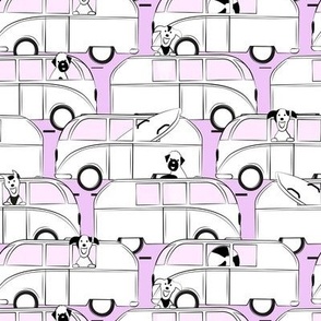 Dogs in VW busses stuck in holiday traffic - lavender, black and white