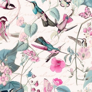 Hummingbird Vintage Botanical Pattern Teal And Pink