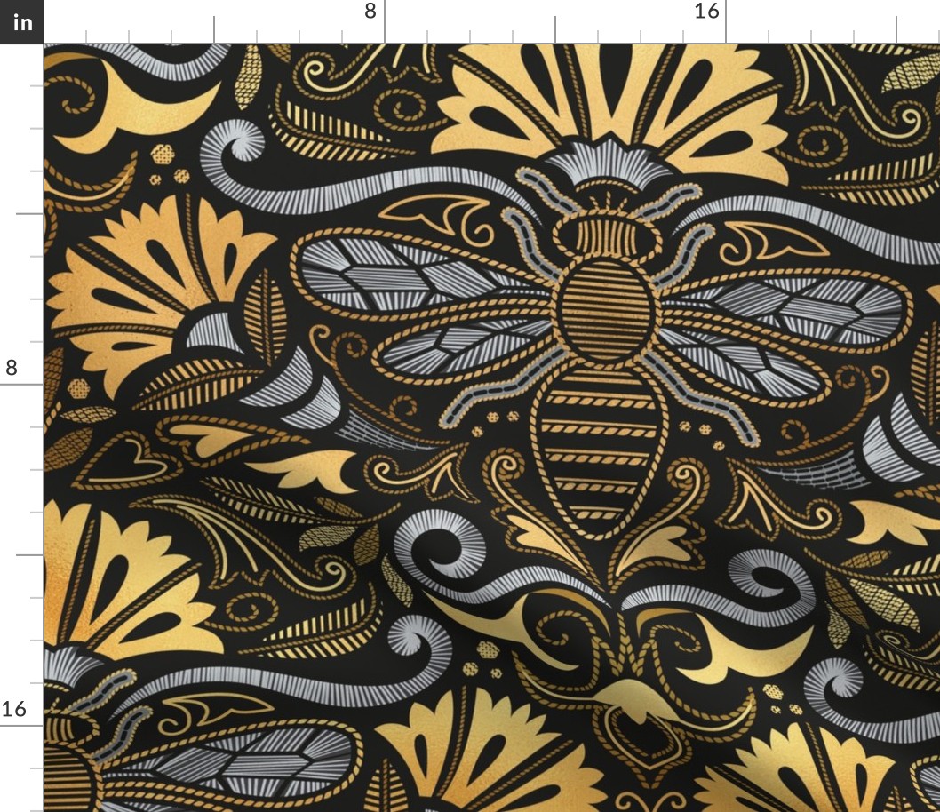 Large jumbo scale // Queen bee garden // black background ornamental extravagant gold cord embroidery passementerie style inspiration