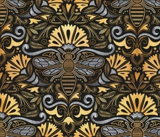 Queen bee garden // normal scale // black background ornamental extravagant gold cord embroidery passementerie style inspiration