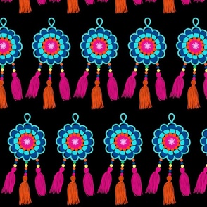 Boho Crochet Bead Tassel Passementerie Bright Happy Colors Summer Fabric Pink Blue Orange Yellow on Black