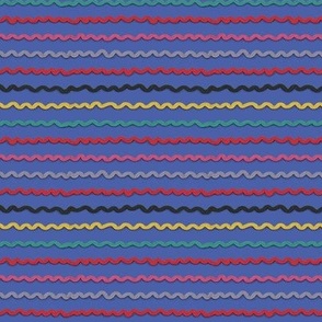 wonky quirky ric rac passementerie sewing accessories, small scale, periwinkle red pink green blue lavender gray brown colorful dark colors horizontal stripes