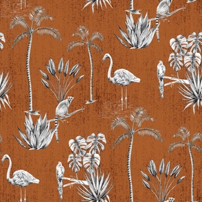 Tropical jungle animals and plants burnt orange textured - large scale