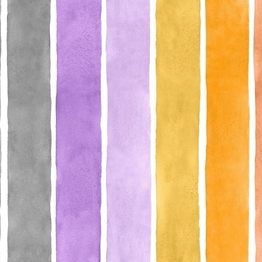 Halloween Watercolor Broad Stripes Vertical - Large Scale - Purple, Orange, Black and Grey Gray