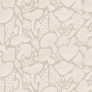 Block Printed Mushrooms in Monochrome Beige - Extra Large Scale for Wallpaper & Home Decor