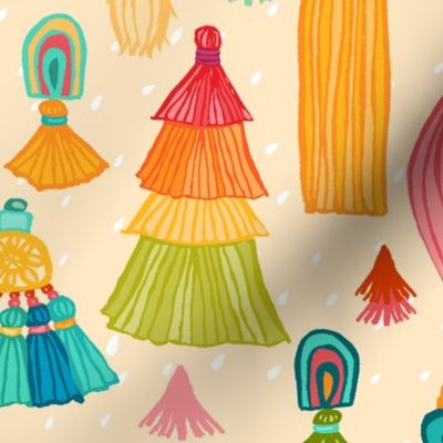 Whimsical Tassels in Bright Colors on Pale Yellow - XL